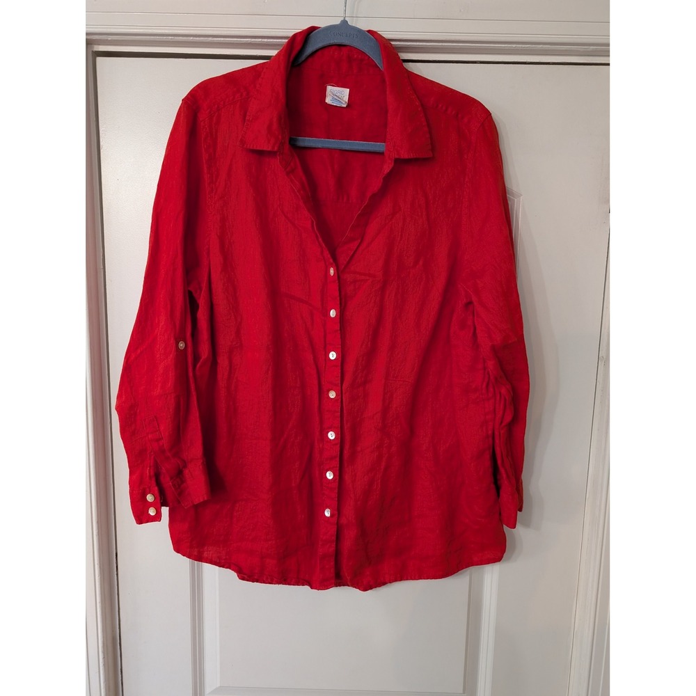 Sigrid Olsen Womens 1X‎ Red 100% Linen Roll Tab Sleeve Button Down Shirt Top